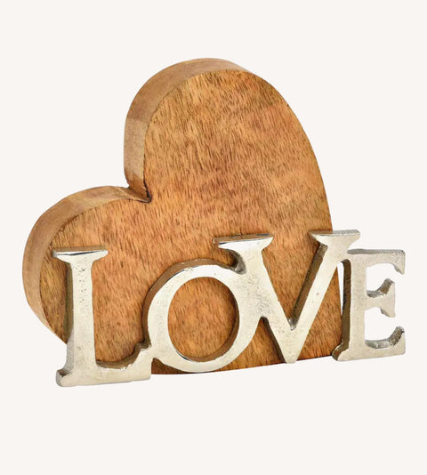 Présentoir Love, en métal, argenté, sur bois de manguier