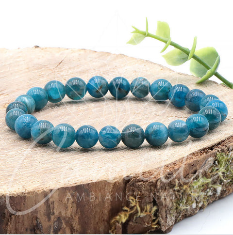 Bracelet en pierre apatite bleue, 8 mm