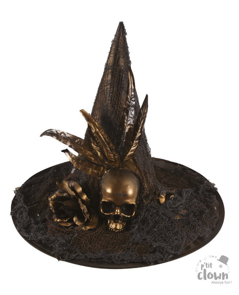 Chapeau de sorcière, fleurs et crâne, noir et doré 