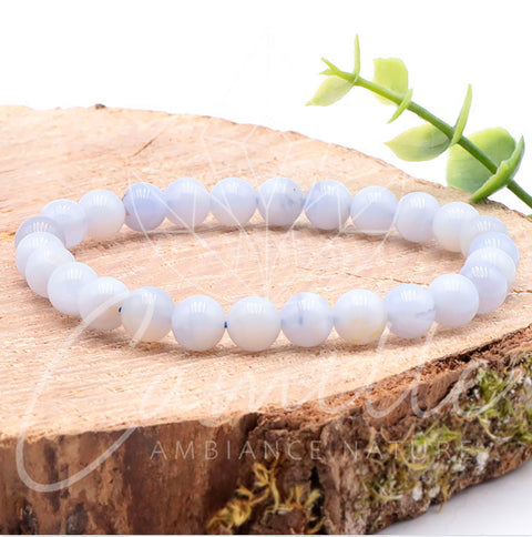 Bracelet en pierre Calcédoine bleue de Namibie, 8 mm
