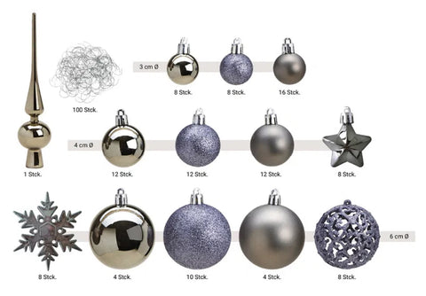 Lot de 111 boules de Noël, gris et violet