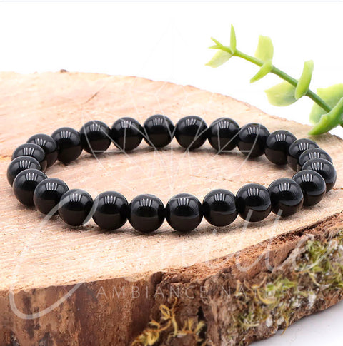 Bracelet en obsidienne noire, 8 mm