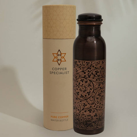 Bouteille d'eau en cuivre pur antique gravée ± 950 ml (lourde
