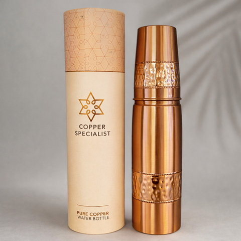 Bouteille d'eau en cuivre pur ± 950 ml + tasse ± 300 ml polies et