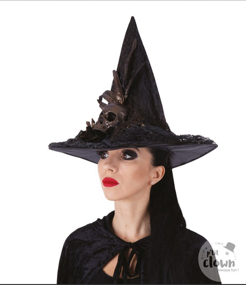 Chapeau de sorcière, fleurs et crâne, noir et doré ￼