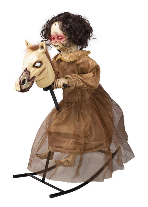 Fillette maudite sur cheval à bascule