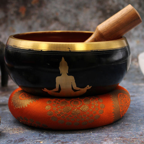 Ensemble de bols chantants tibétains grand format - Bouddha - Noir/Orange 14 cm