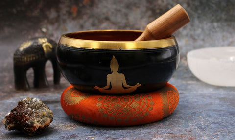 Ensemble de bols chantants tibétains grand format - Bouddha - Noir/Orange 14 cm