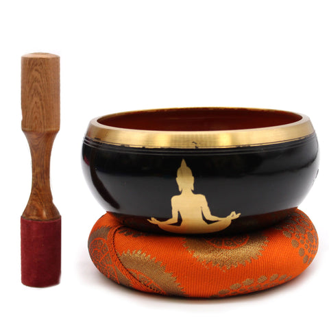 Ensemble de bols chantants tibétains grand format - Bouddha - Noir/Orange 14 cm