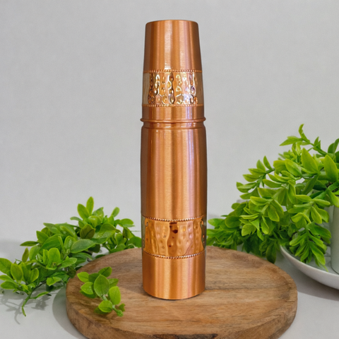 Bouteille d'eau en cuivre pur ± 950 ml + tasse ± 300 ml polies et