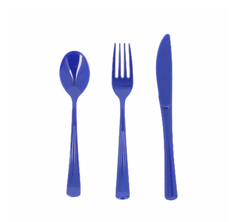 Couverts réutilisables bleu roi – Lot de 18 (fourchettes, couteaux, cuillères) – Vaisselle plastique élégante