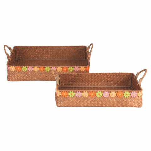 ENSEMBLE DE 2 PLATEAUX NATURELS EN FIBRE 40x30 cm/35x25 cm AVEC FLEURS