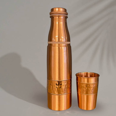 Bouteille d'eau en cuivre pur ± 950 ml + tasse ± 300 ml polies et