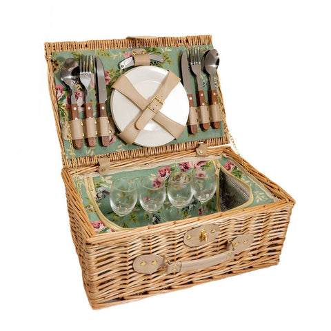 Panier de pique-nique en osier doublé de roses anglaises pour 4 personnes