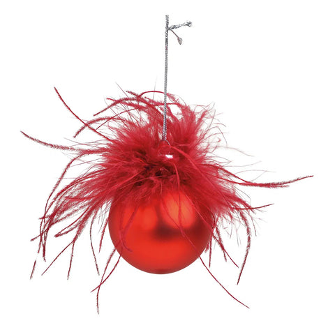 Boule de Noël en verre rouge avec plume ￼