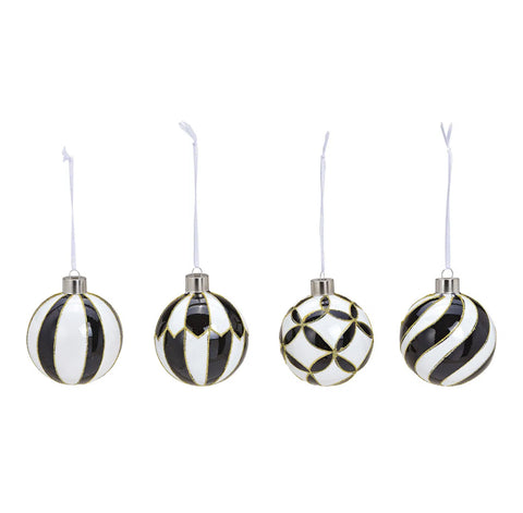 Lot de 4 boules de Noël, en verre, noir et blanc, 8 cm ￼