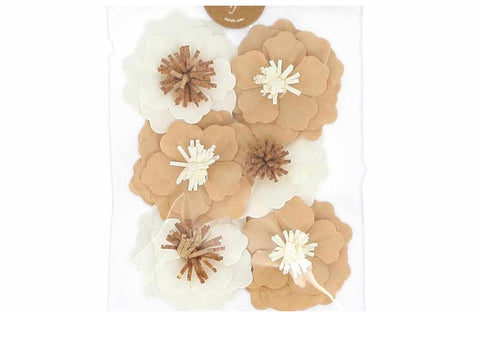 Lot de 6 Fleurs Décoratives Parfum d’Orient – Papier Kraft & Ivoire Ø5 cm | Décoration Adhésive Chic