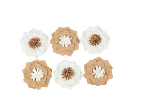 Lot de 6 Fleurs Décoratives Parfum d’Orient – Papier Kraft & Ivoire Ø5 cm | Décoration Adhésive Chic