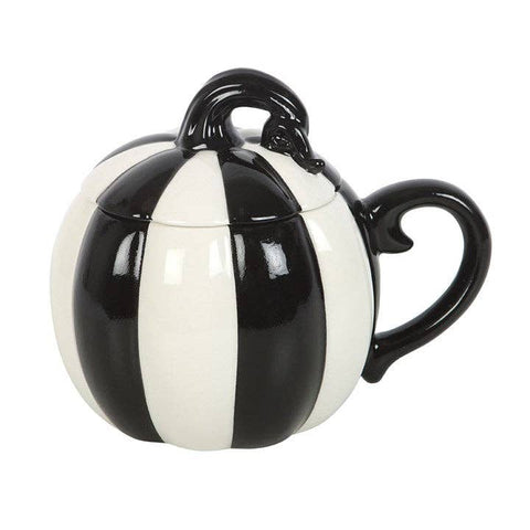 Mug citrouille noir et blanc 600 ml avec couvercle – tasse Halloween gothique originale
