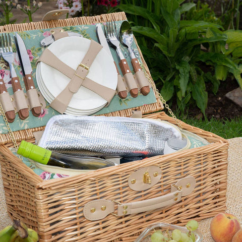 Panier de pique-nique en osier doublé de roses anglaises pour 4 personnes
