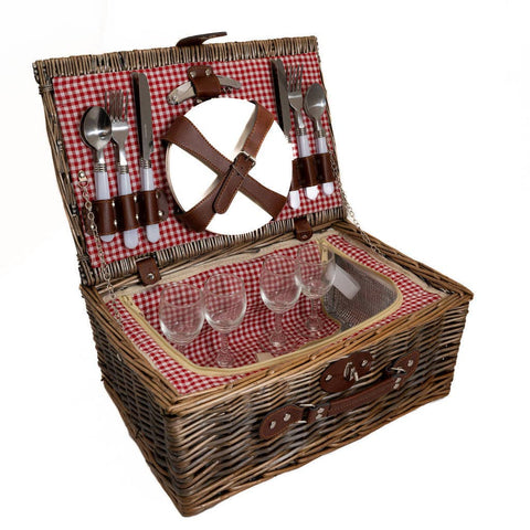 Panier-pique-nique en osier à effet ancien pour 4 personnes, vichy rouge