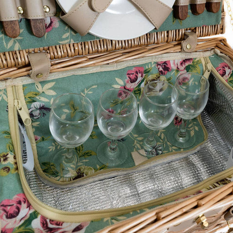 Panier de pique-nique en osier doublé de roses anglaises pour 4 personnes
