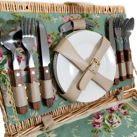 Panier de pique-nique en osier doublé de roses anglaises pour 4 personnes