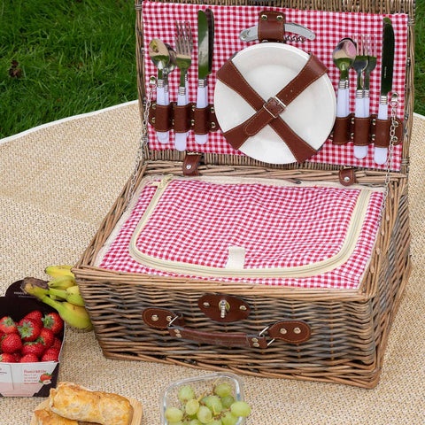 Panier-pique-nique en osier à effet ancien pour 4 personnes, vichy rouge