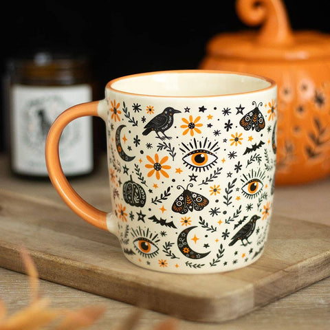 Tasse automnale en céramique – Corbeaux, lunes, papillons de nuit et fleurs