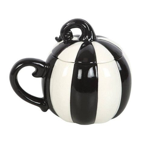 Mug citrouille noir et blanc 600 ml avec couvercle – tasse Halloween gothique originale