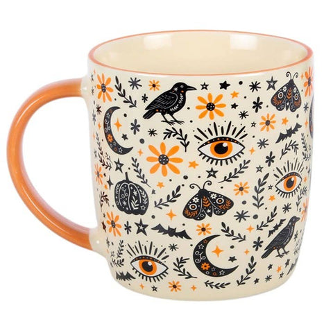 Tasse automnale en céramique – Corbeaux, lunes, papillons de nuit et fleurs