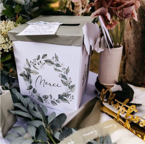 Urne “Merci” Botanique – Carton Feuillages & Or 21 x 25 cm | Jardin à la Française