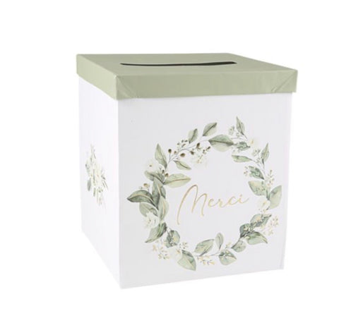 Urne “Merci” Botanique – Carton Feuillages & Or 21 x 25 cm | Jardin à la Française